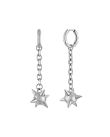 Pair of spiked silver ball flail earrings on dangling chains, featured on clicker earring hoop attachment.